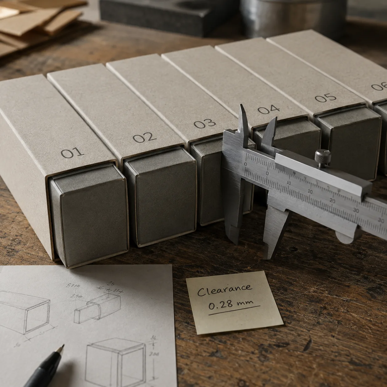 A row of numbered production samples on a bench with a caliper set against the end of one tray, a written clearance figure on a note beside them.