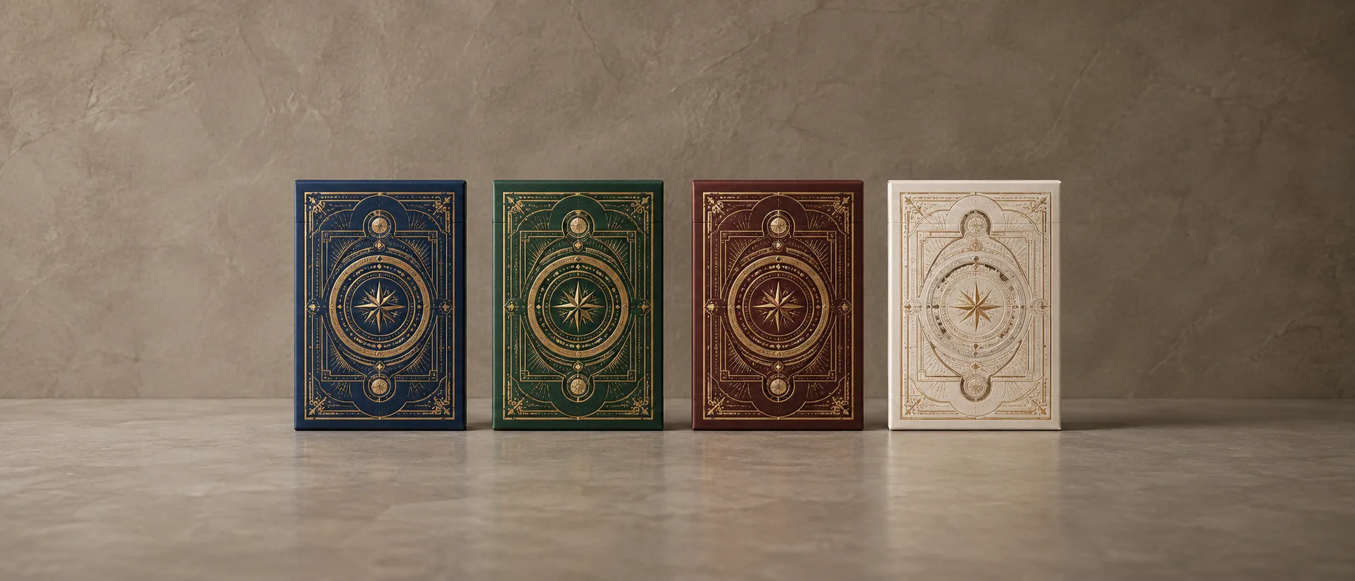 Four tuck boxes in one livery standing in a row, in navy, green, burgundy and cream with gold line work
