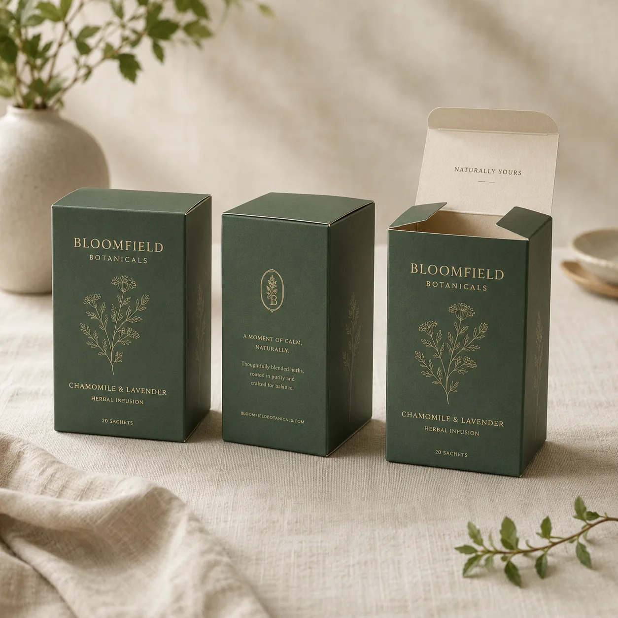 Three green reverse tuck end cartons in one livery standing in a row on linen, the nearest one open with its dust flaps up