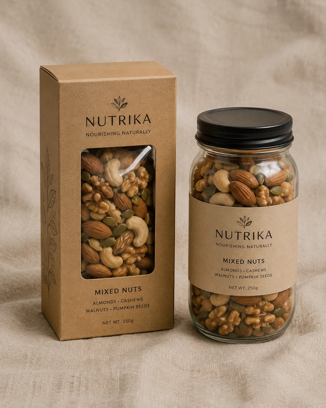 A kraft window carton of mixed nuts standing on linen beside the glass jar it was drawn around, the film patch across the aperture catching a highlight.