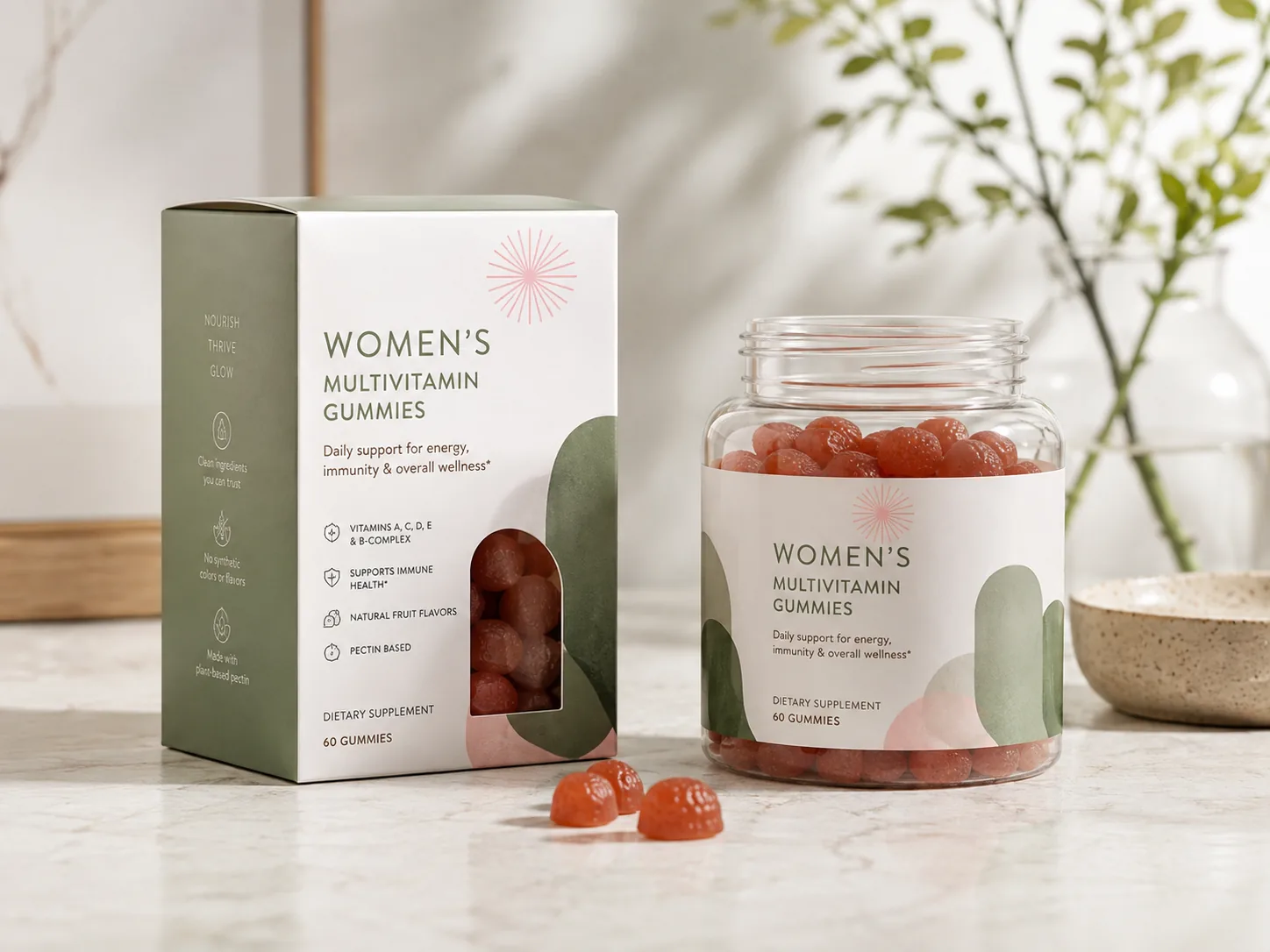 A window carton of multivitamin gummies standing beside its open jar on a pale counter, the aperture showing the gummies inside.