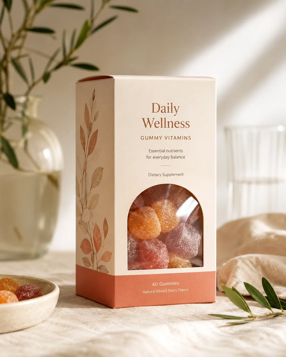 A gummy vitamin window carton standing on linen, the film patch across its arched aperture catching a highlight with the gummies visible behind it