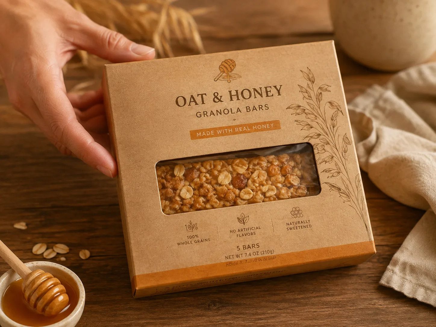 A kraft window carton of granola bars on a wooden surface, the brown board against the clear patch with one bar visible through the aperture.
