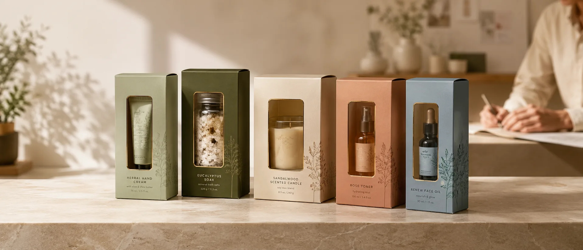 A row of window cartons across a counter, lit from behind so the film patches glow and the product reads through every aperture.