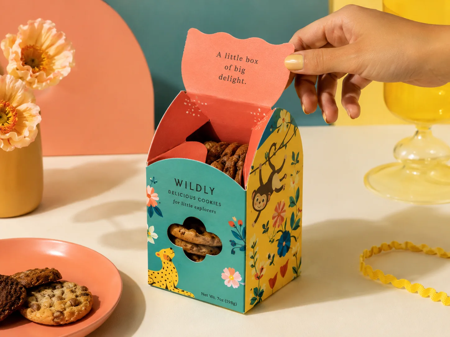 A brightly printed childrens cookie carton with a die cut window, held open on a colored set